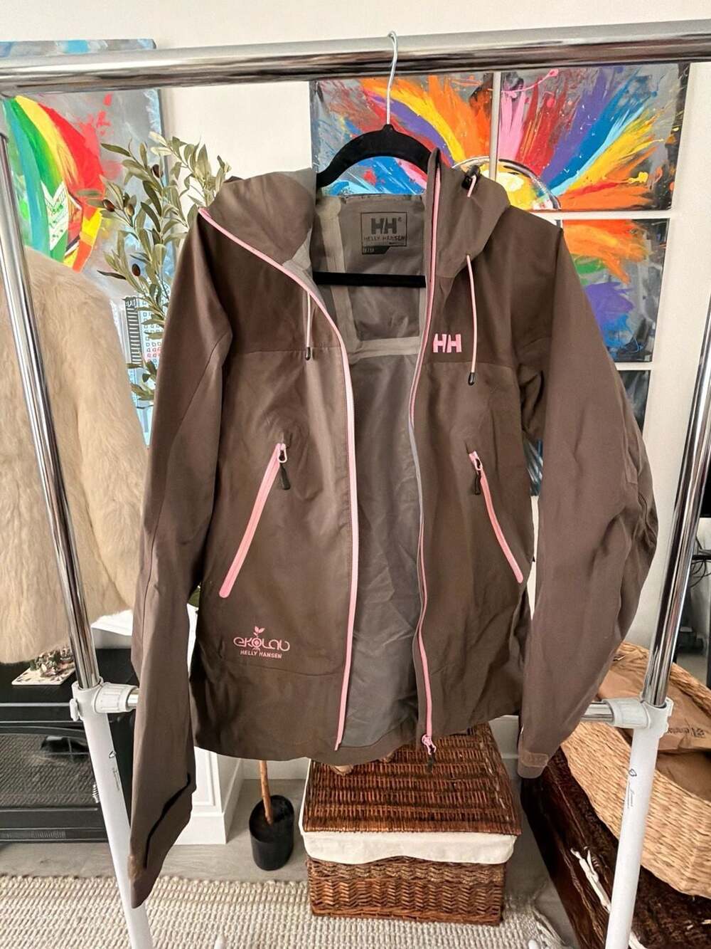 Brown & Pink Hooded Rain Jacket Size M Waterproof Shell Helly Hansen Ekolou